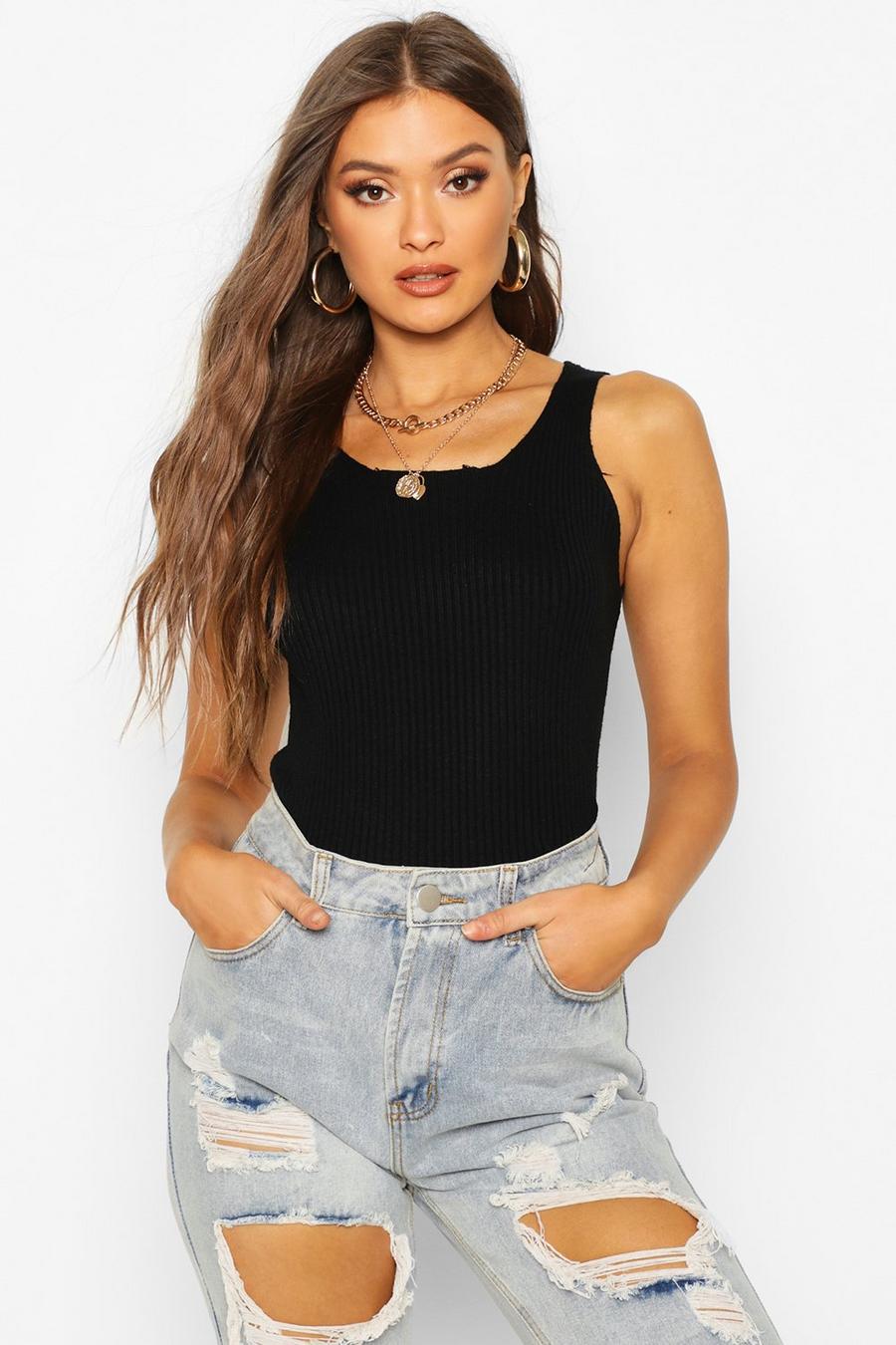 Black Square Neck Strappy Rib Knit Top image number 1