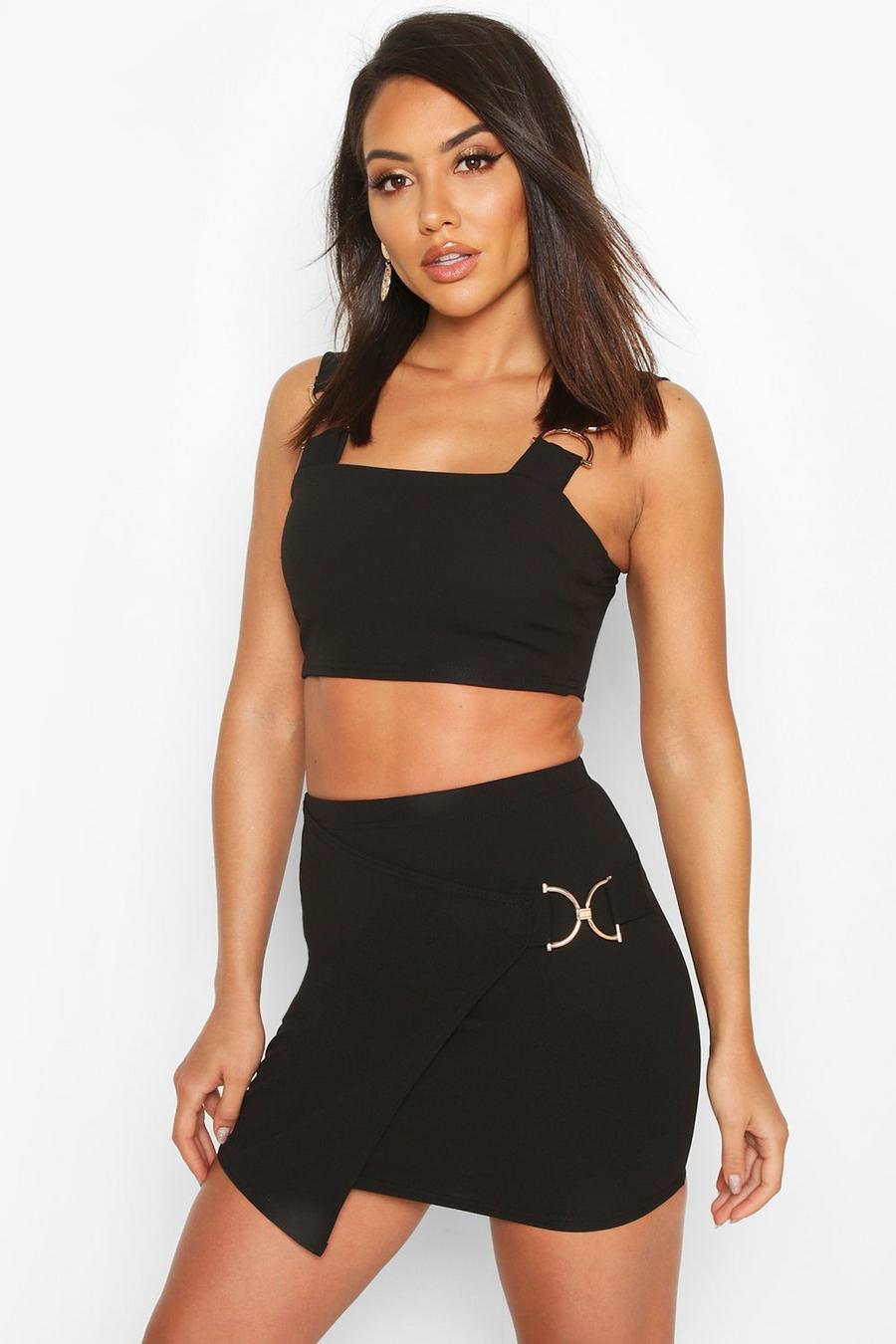 Black Buckle Detail Crop Top & Mini Skirt Two-Piece image number 1