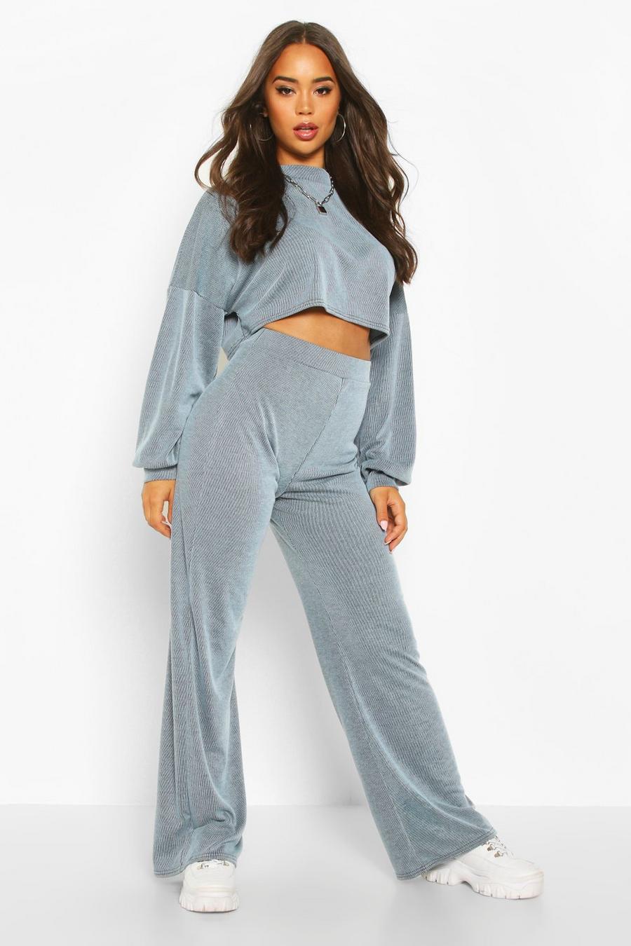 Denim-blue Cropped Slouchy Rib Top & Pants Co-Ord image number 1