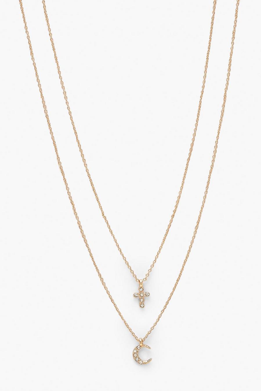 Gold Diamante Cross & Moon Necklace Pack image number 1