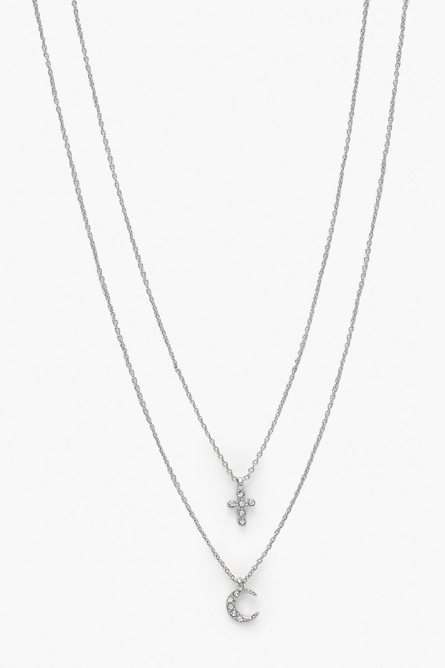 Halskette mit Strass Kreuz & Mond, Silber silver