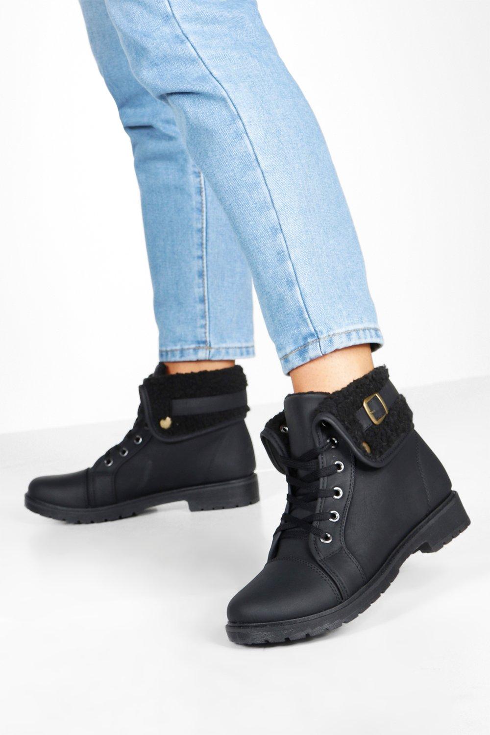 Shearling Cuff Combat Boots Boohoo Canada