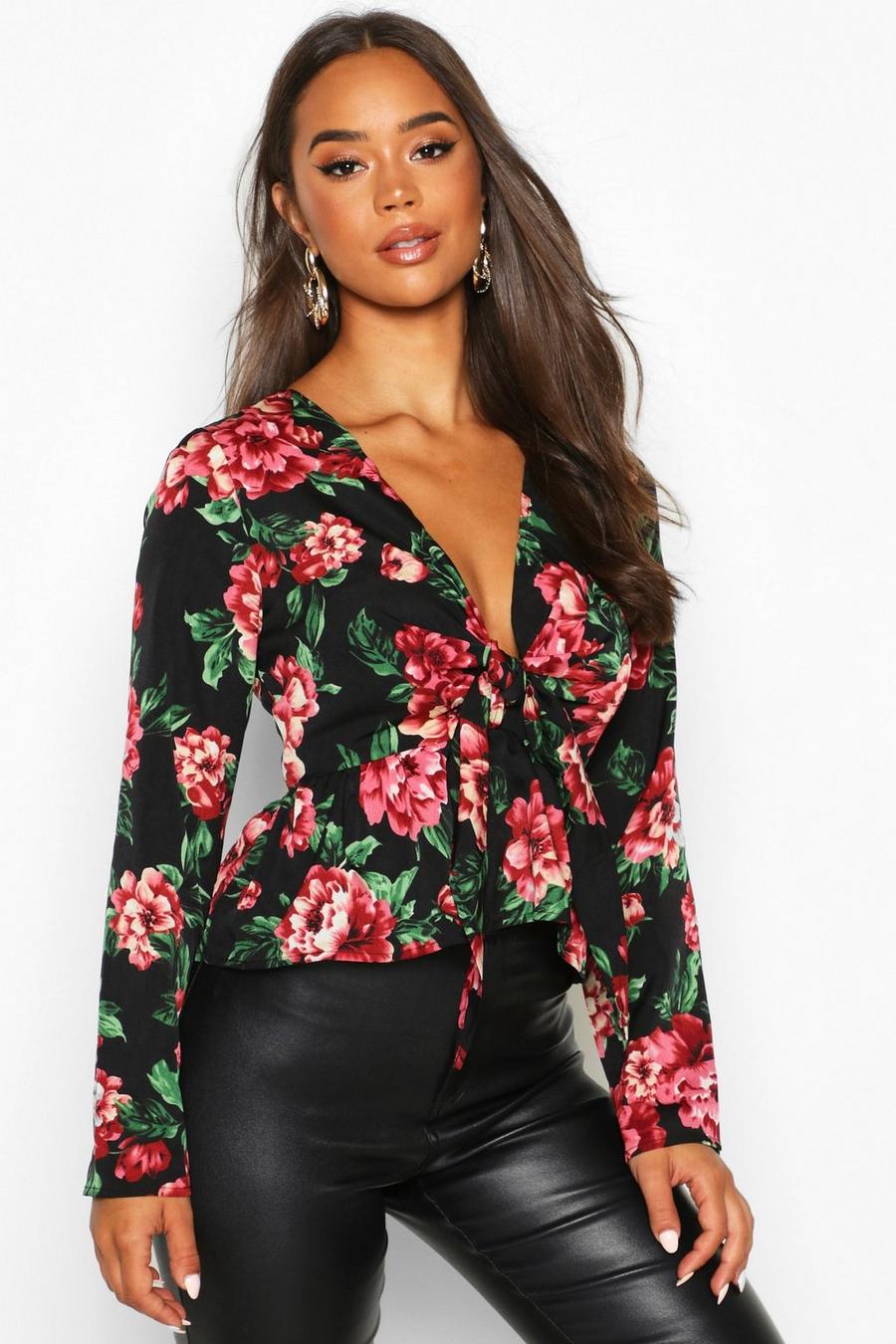 Woven Floral Tie Front Blouse image number 1