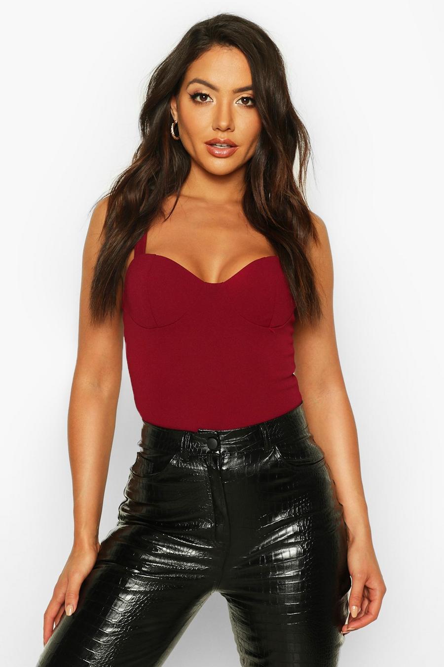 Women's Red Crepe Cup Detail Bodysuit