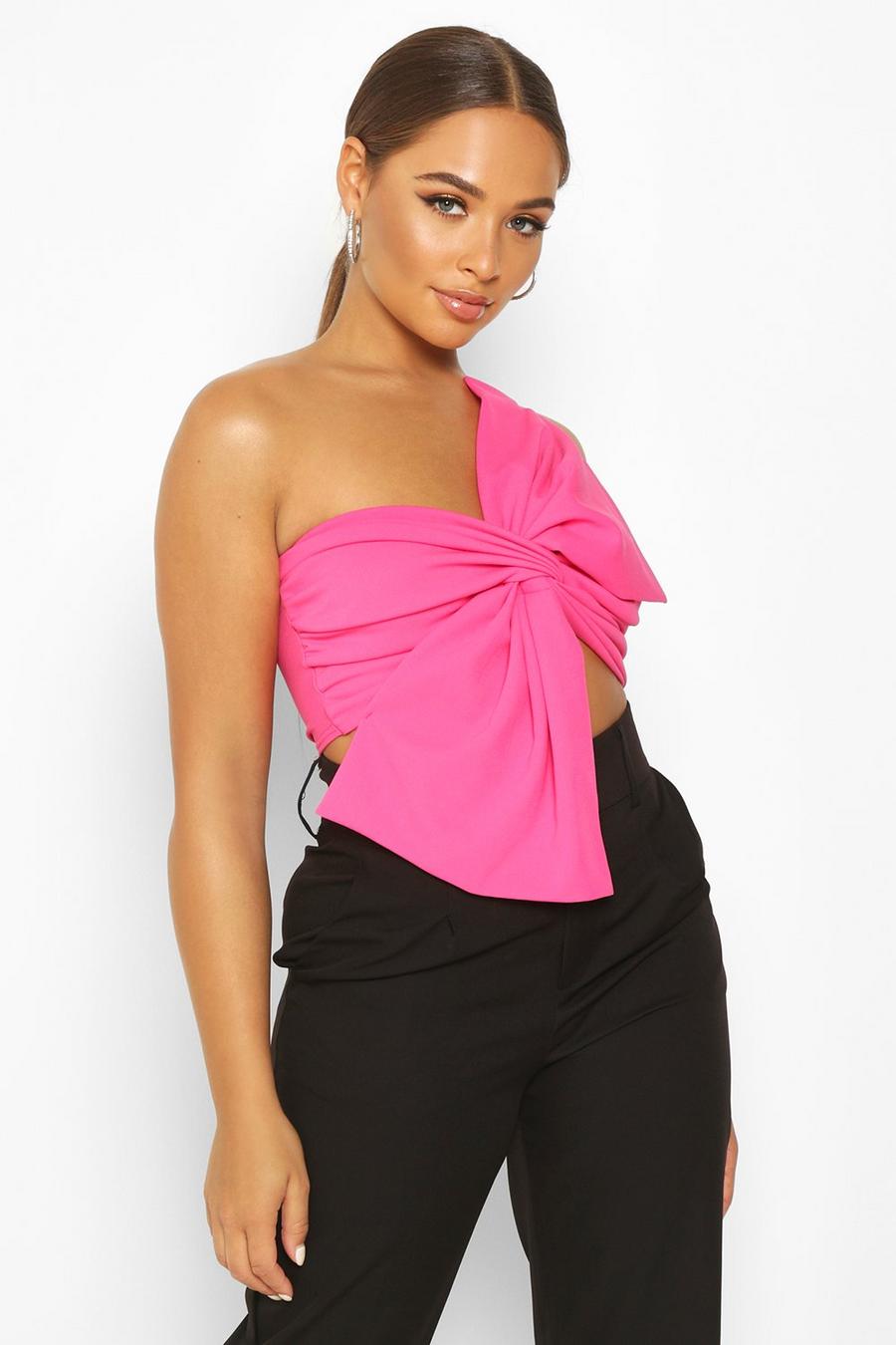 Hot pink Asymetric Twist Bow Detail Crop Top image number 1