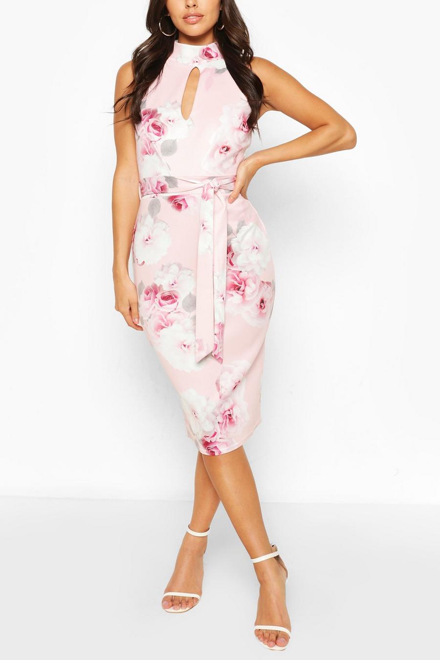 Pink High Neck Floral Cut Out Detail Midi Dress image number 1