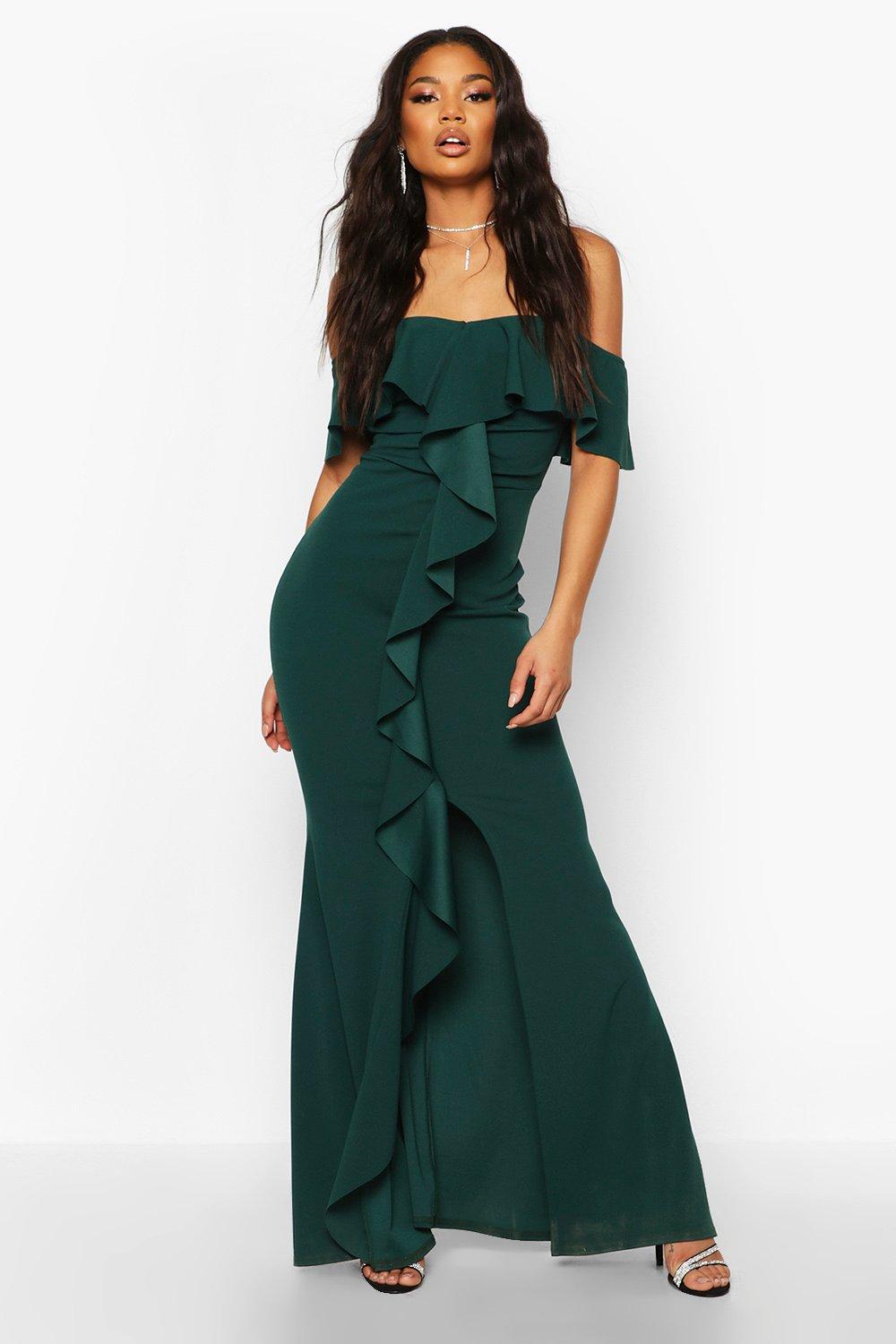 Women s Bardot Ruffle Front Maxi Dress Boohoo UK