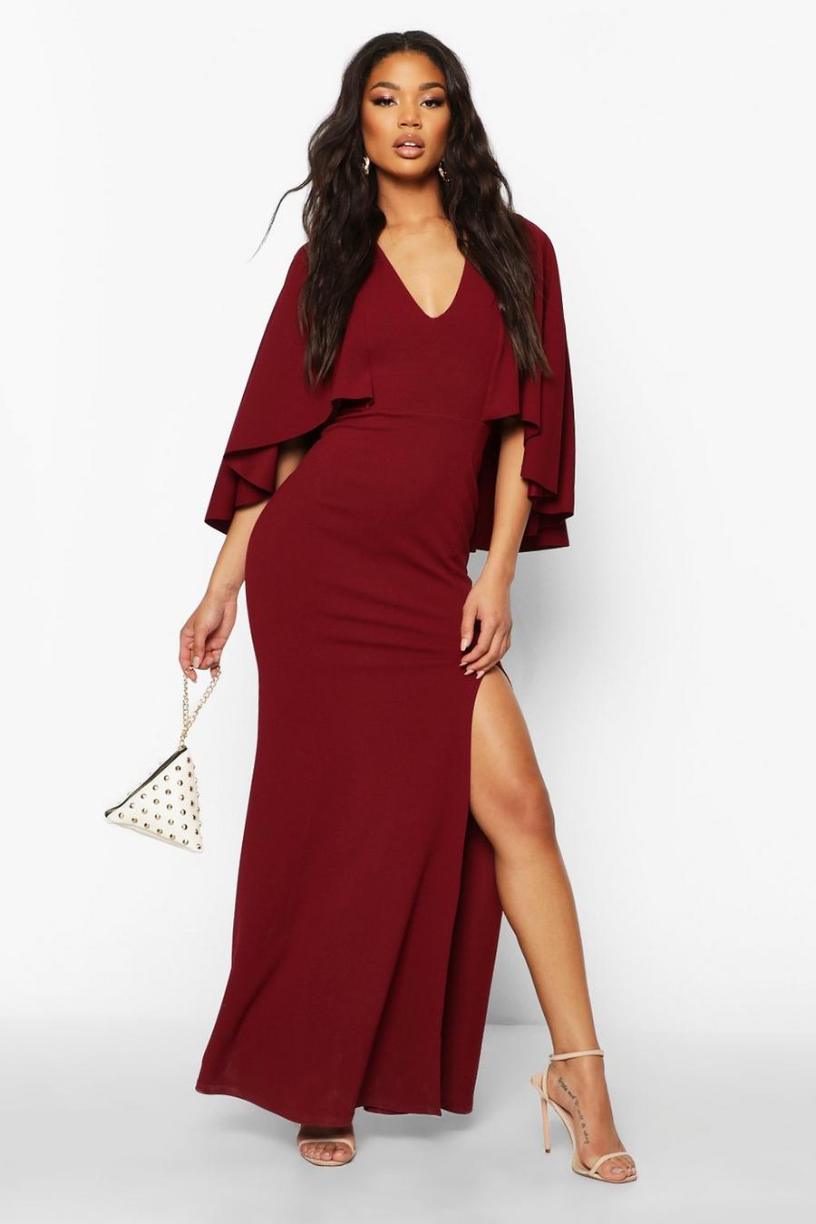 Berry rouge V Neck Caped Maxi Dress image number 1