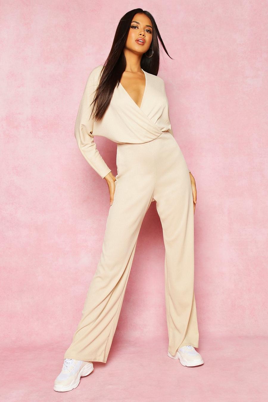 Stone beige Recycled Plunge Wide Leg Rib Jumpsuit image number 1