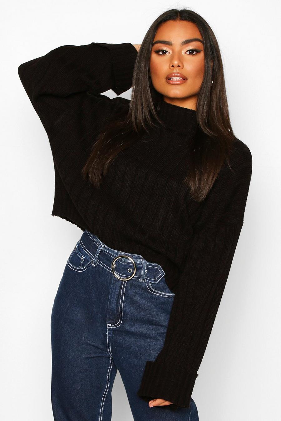 Black Wide Sleeve Rib Knitted Sweater image number 1