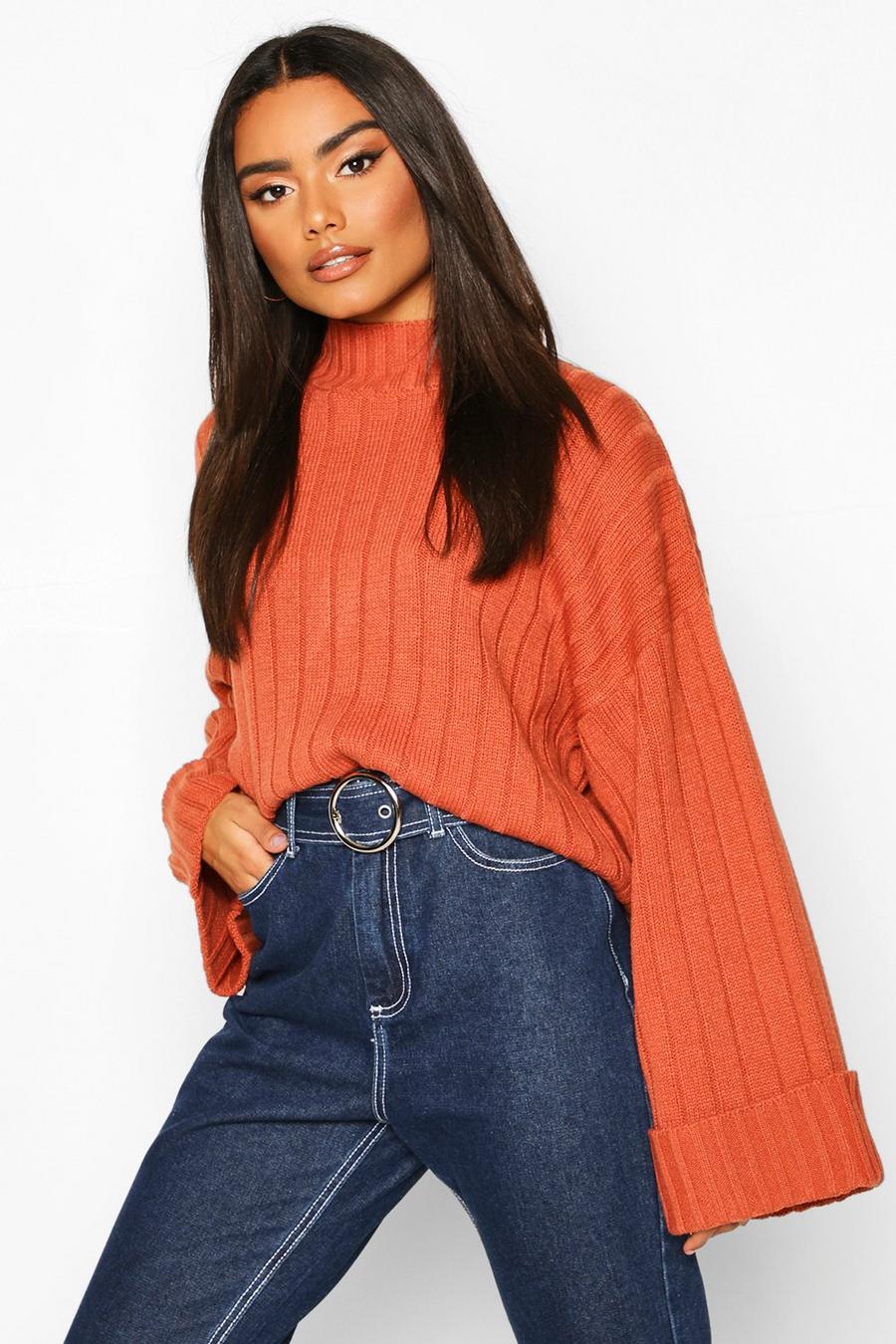 Chestnut Wide Sleeve Rib Knitted Jumper image number 1