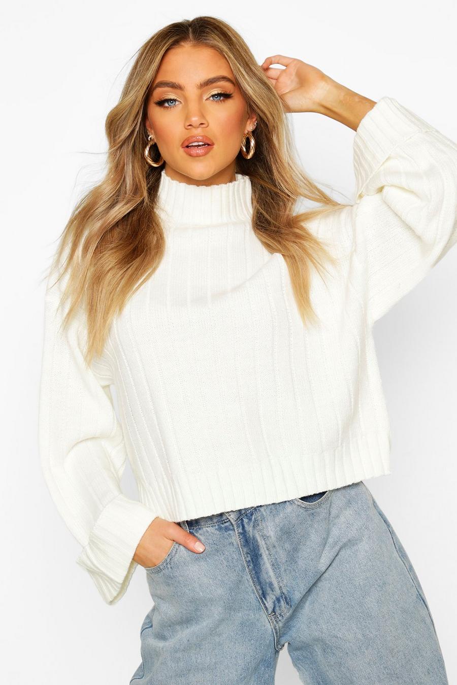 Cream Wide Sleeve Rib Knitted Jumper image number 1