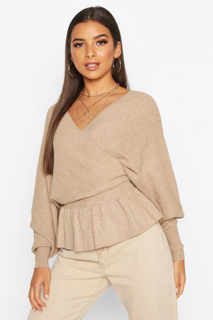 Beige Batwing Wrap Front Slouchy Sweater image number 1