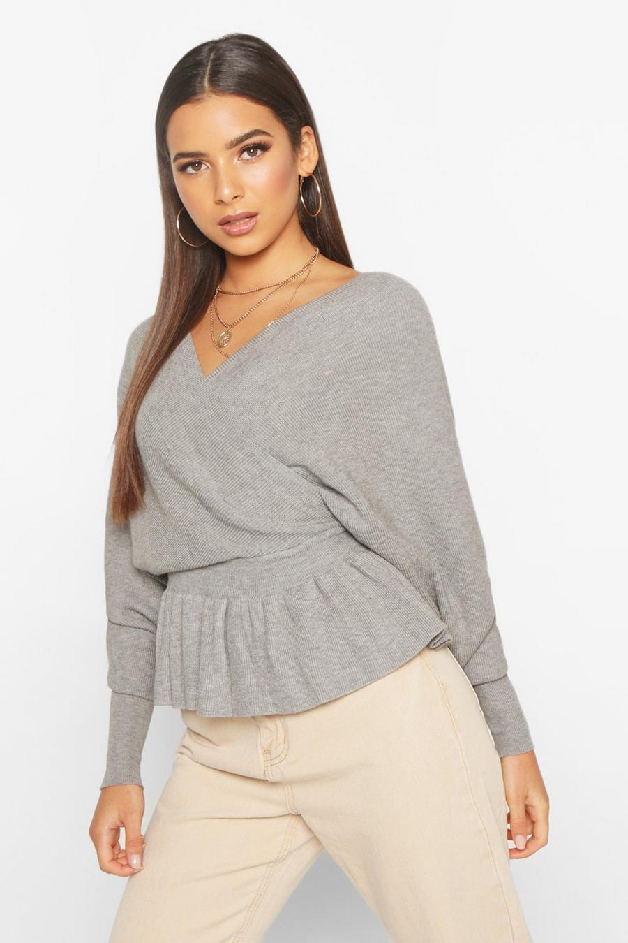 Grey Batwing Wrap Front Slouchy Sweater image number 1
