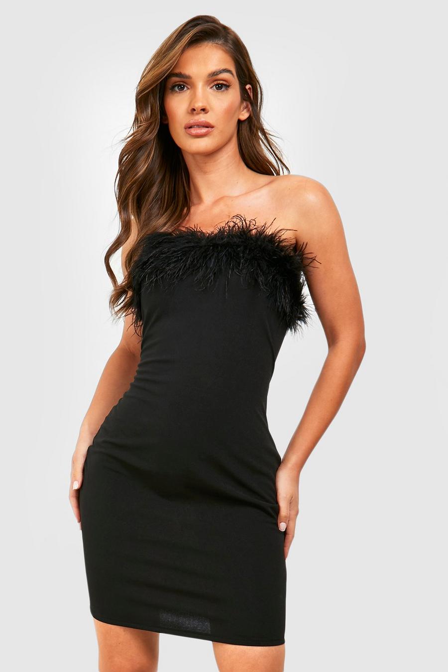 Black Bandeau Feather Mini Bodycon Party Dress image number 1