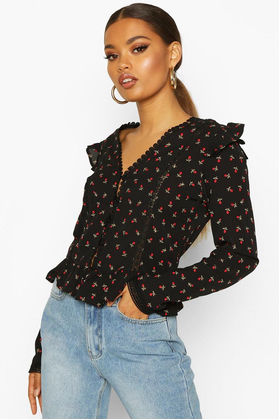 Ditsy Rose Print Ruffle Detail Blouse image number 1