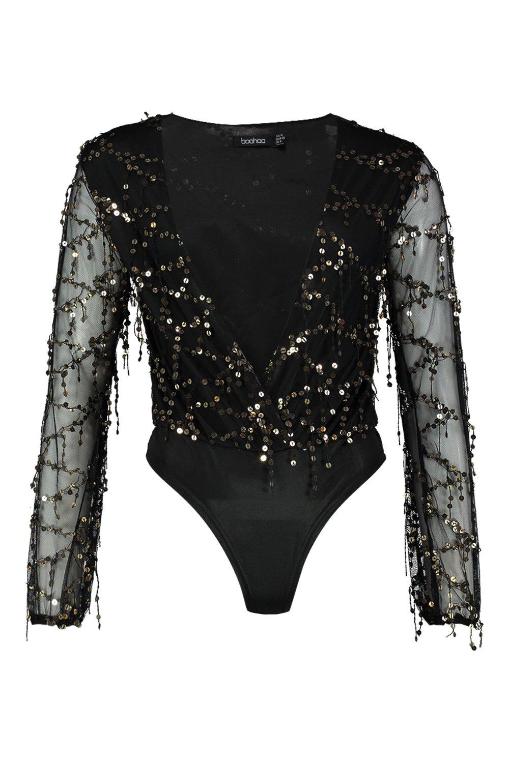 Buy Boohoo Floral Sequins Plunge Bodysuit In Black