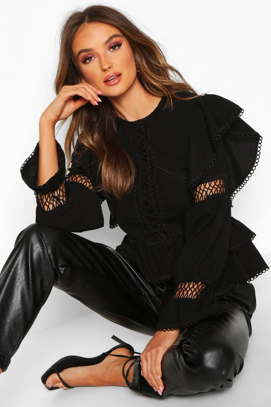 Black Lace Up Crochet Ruffle Detail Top image number 1