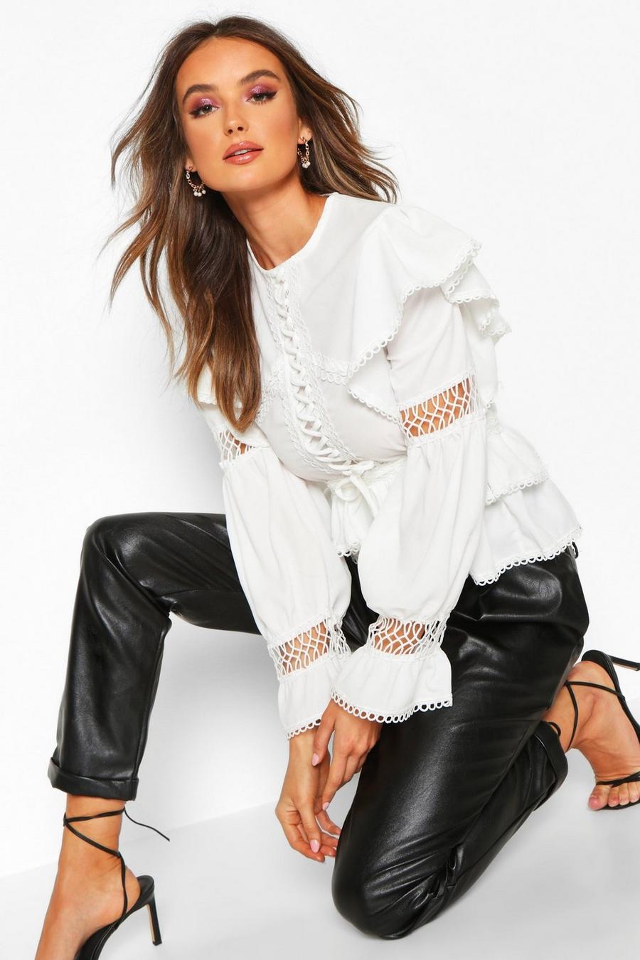 White Lace Up Crochet Ruffle Detail Top image number 1