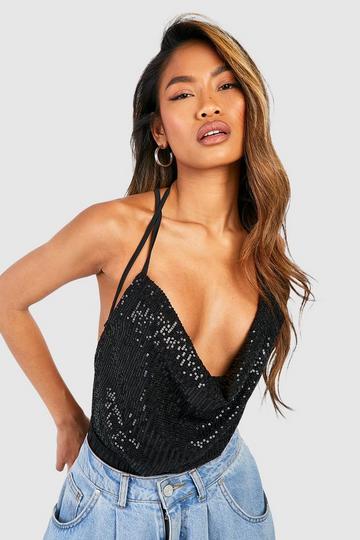 Black Cowl Front Sequin Strappy Bodysuit