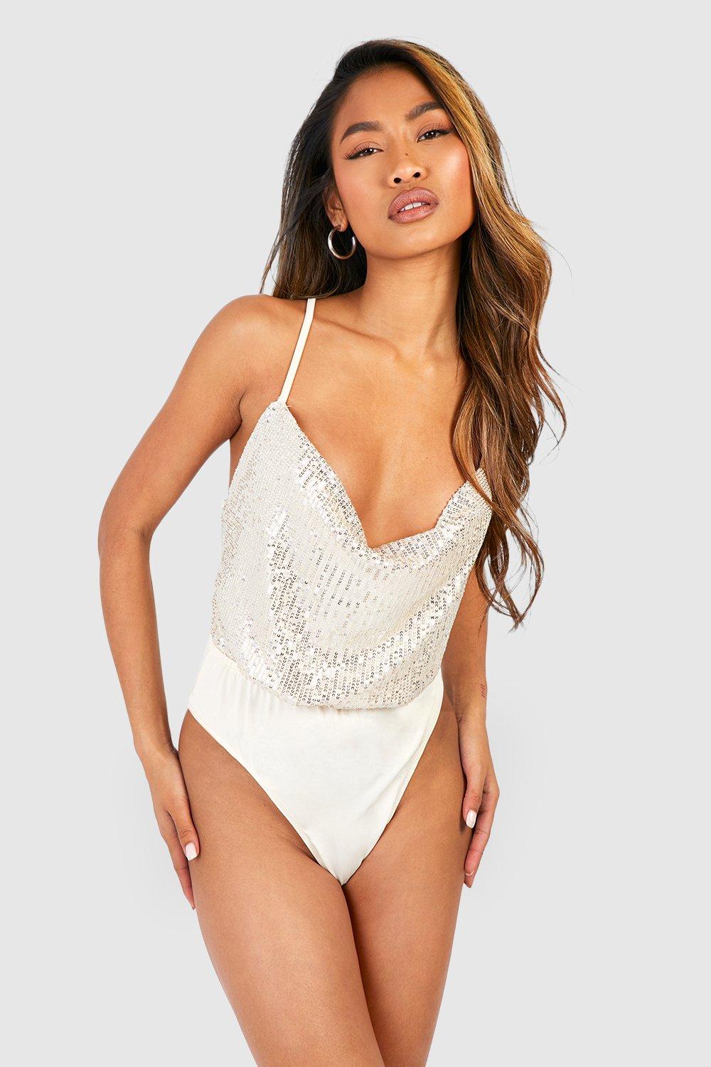 Cowl Front Sequin Strappy Bodysuit | boohoo