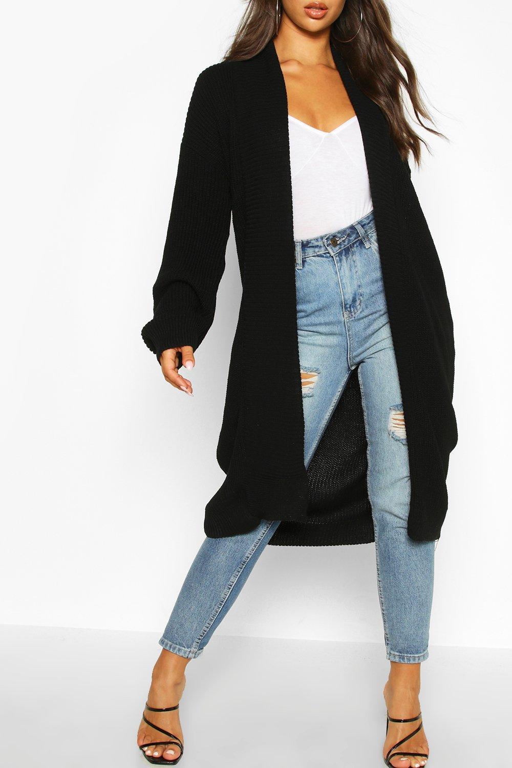 black ribbed knitted midi cardigan