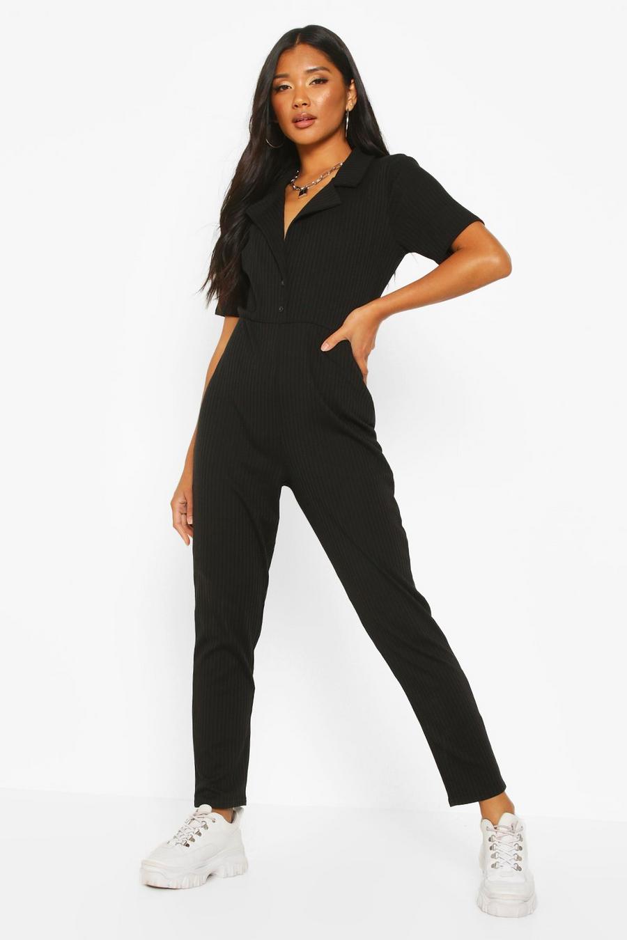 Black Soft Ribbed Collar Detail Button Through Jumpsuit image number 1