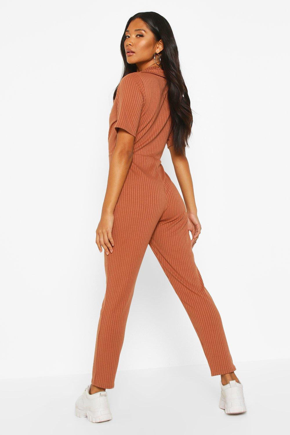 Soft Ribbed Collar Detail Button Through Jumpsuit boohoo AU