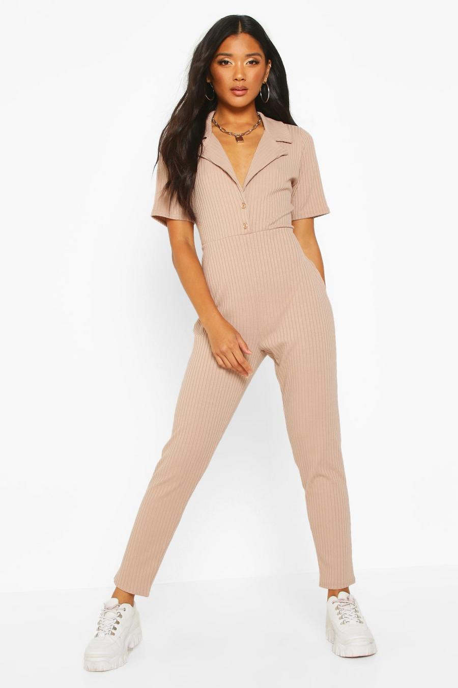 Taupe Soft Ribbed Collar Detail Button Through Jumpsuit image number 1