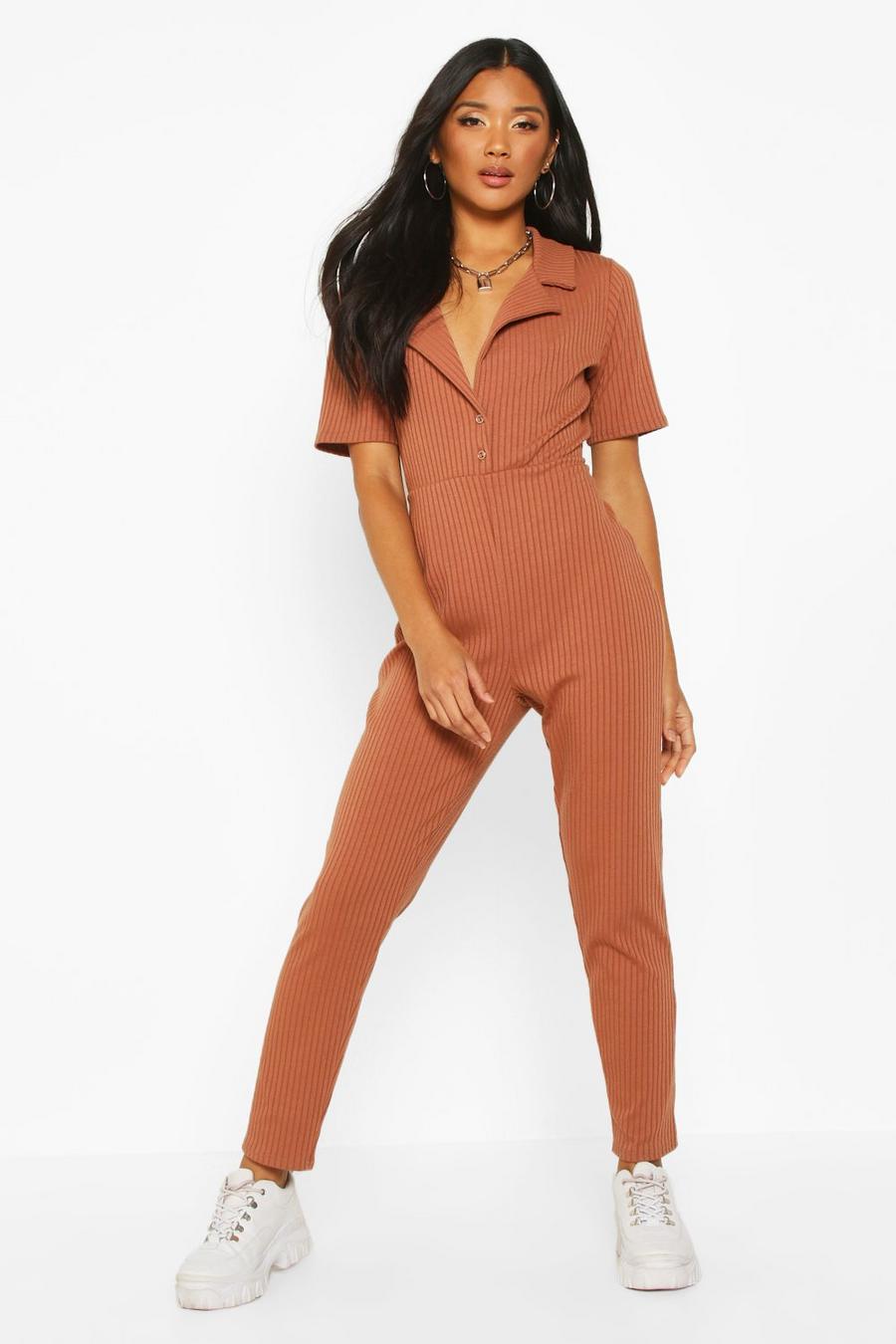 Toffee Soft Ribbed Collar Detail Button Through Jumpsuit image number 1