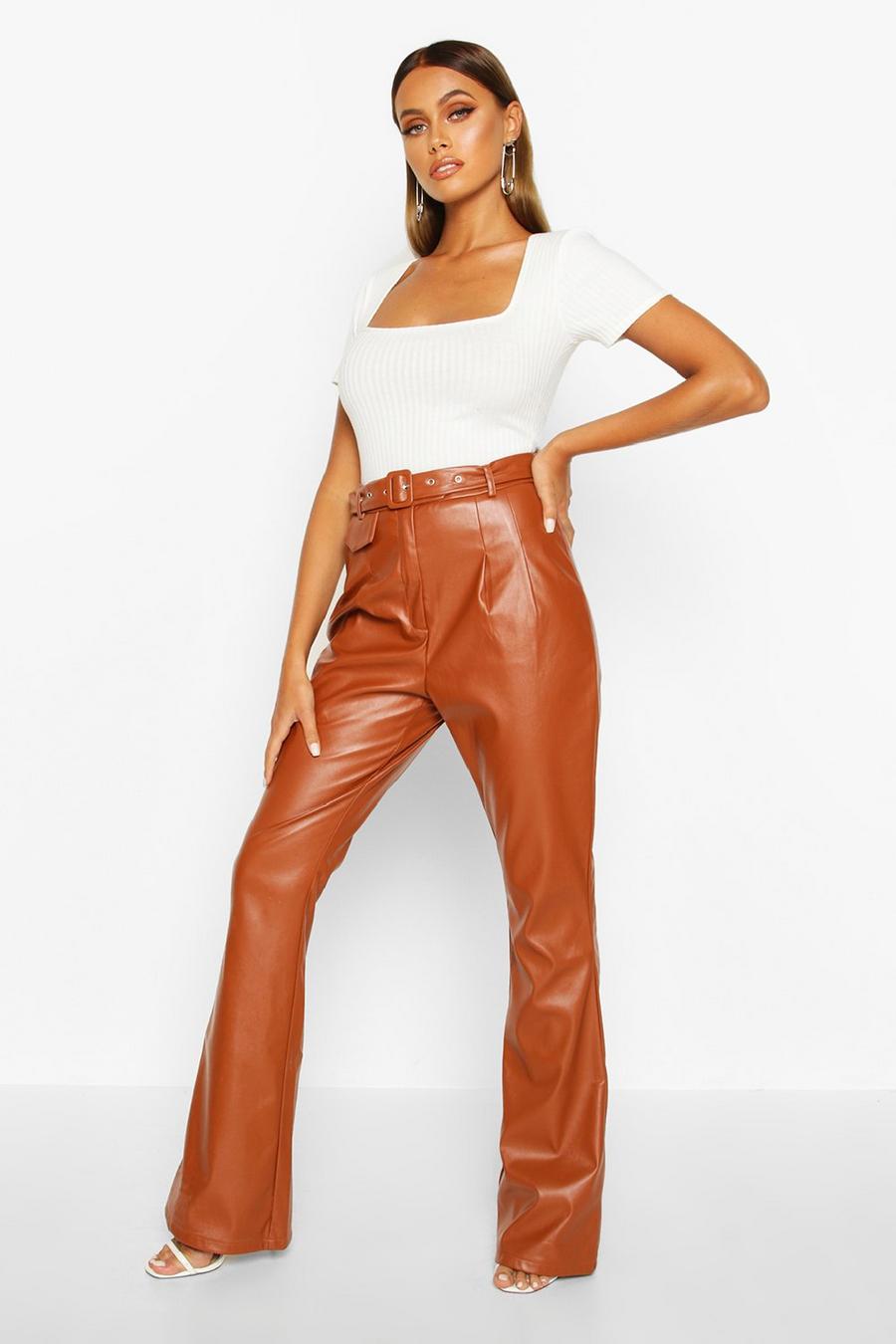 Tan Faux Leather Flared Pants image number 1
