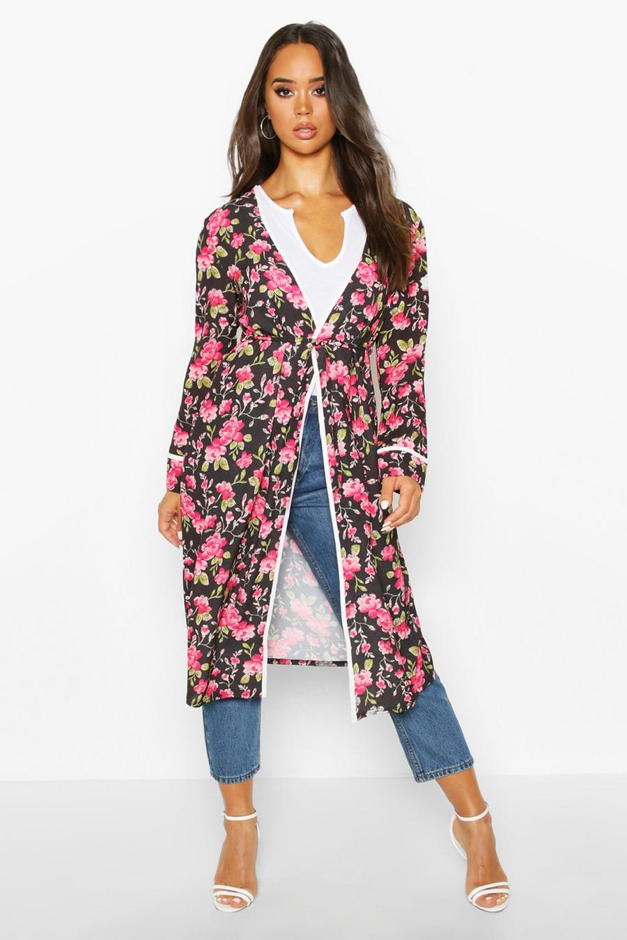 Floral Print Contrast Piping Tie Waist Kimono image number 1