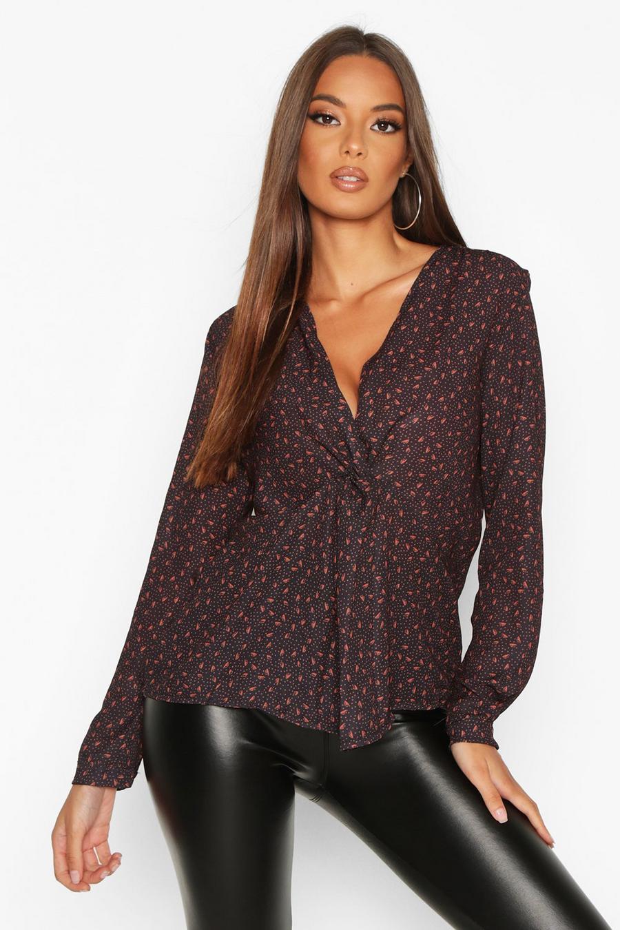 Black Ditsy Print Knot Front Blouse image number 1