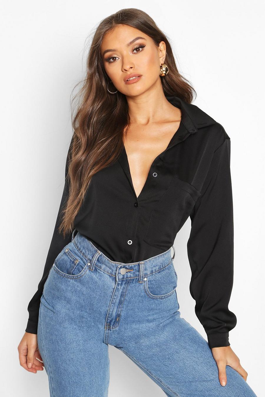 Black noir Oversized Pocket Detail Satin Shirt