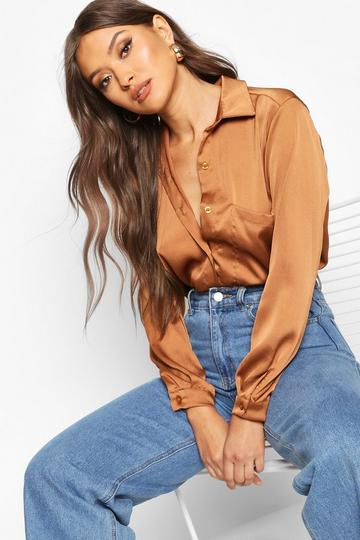 Oversized Pocket Detail Satin Shirt mocha