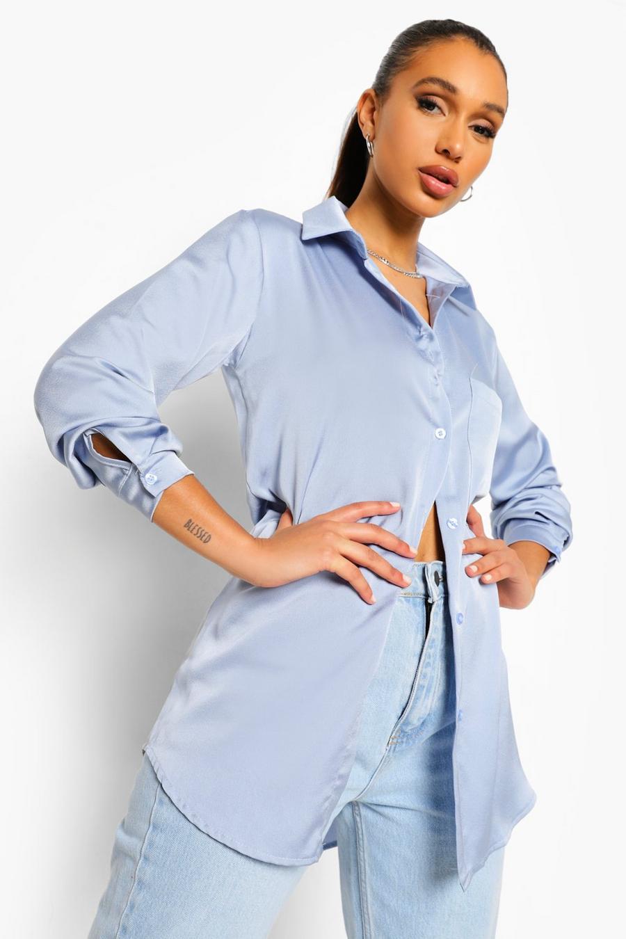 Slate grey Oversized Pocket Detail Satin Shirt