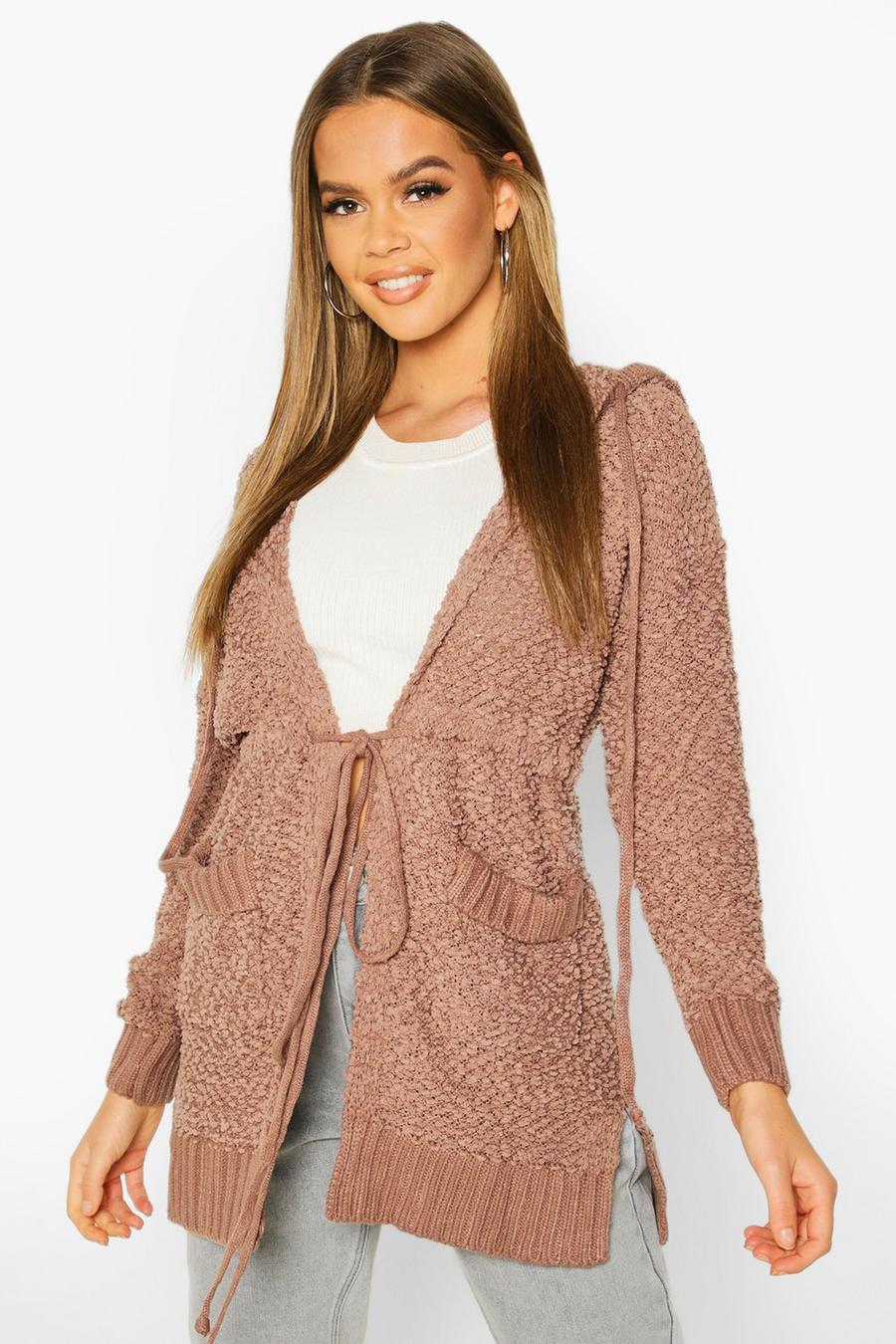 Taupe Popcorn Knit Hooded Cardigan image number 1