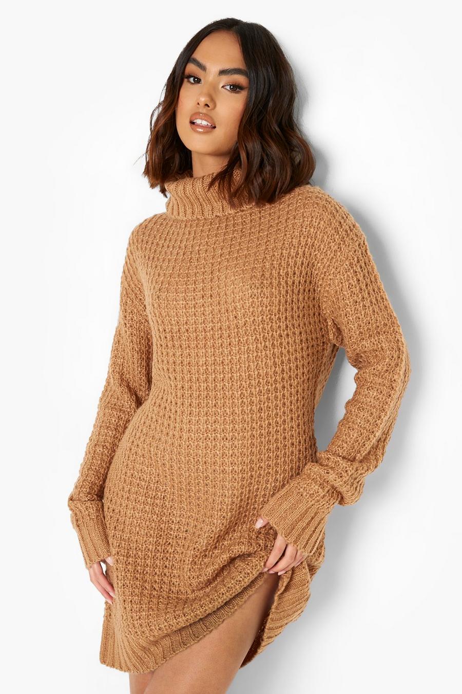 Toffee beige Turtleneck Fisherman Sweater Dress