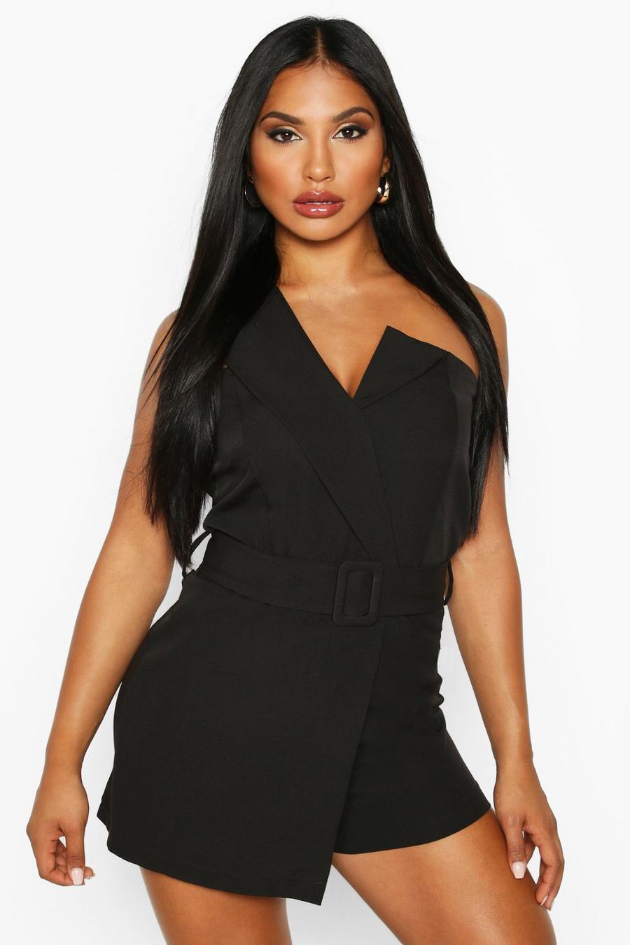 Black Self Belted Strapless Tailored Playsuit image number 1