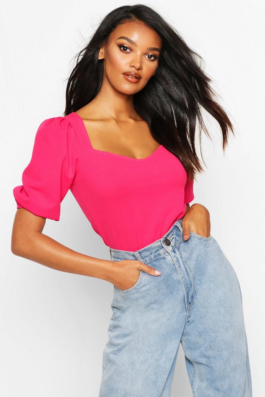 Hot pink Crepe Sweetheart Neck Puff Sleeve Top image number 1