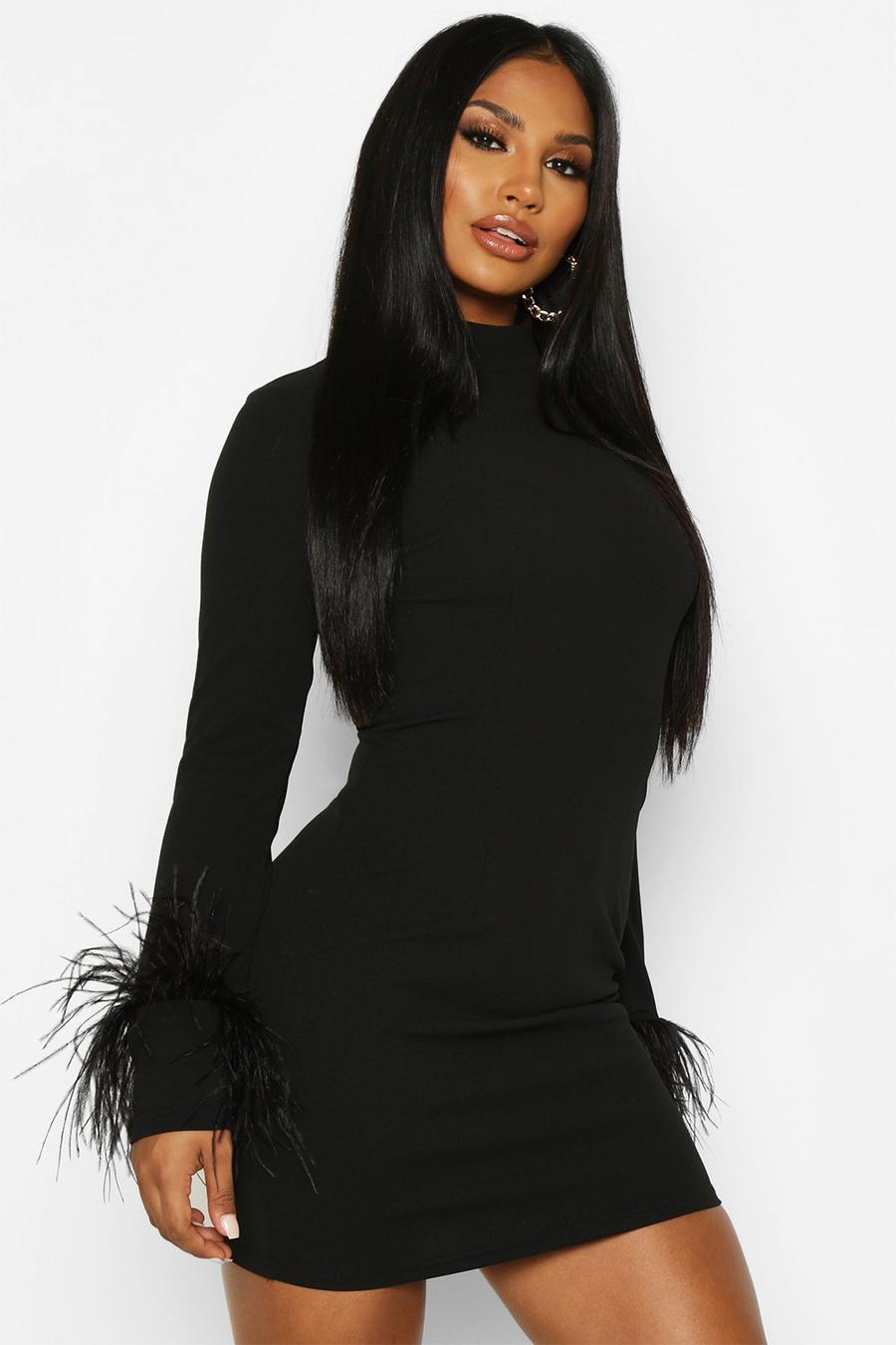 Black High Neck Feather Cuff Mini Dress image number 1