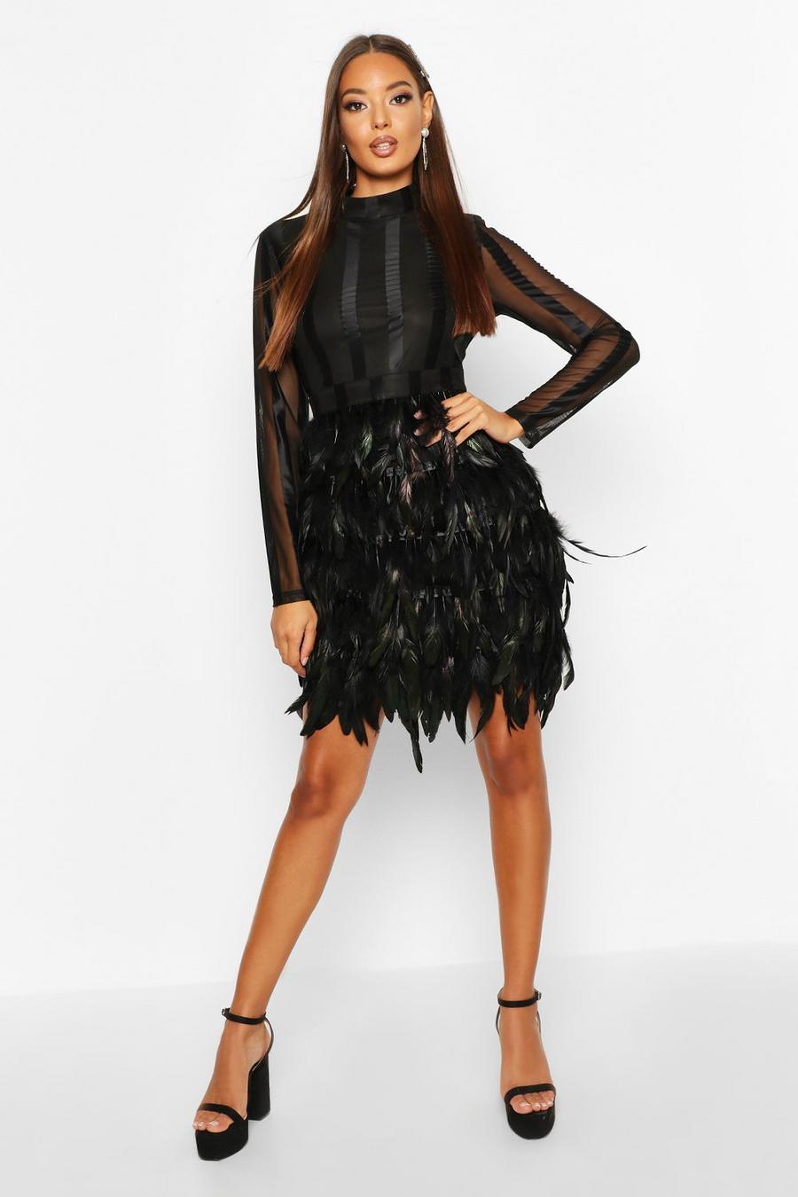 Black High Neck Feather Skirt Mini Dress image number 1