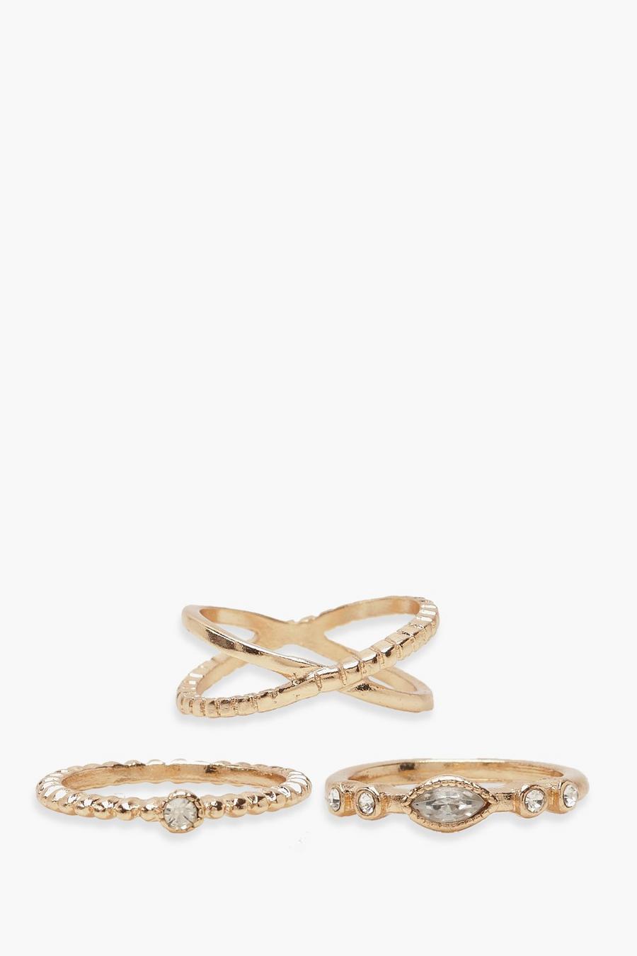 Confezione di anelli con strass fascia semplice, Oro image number 1