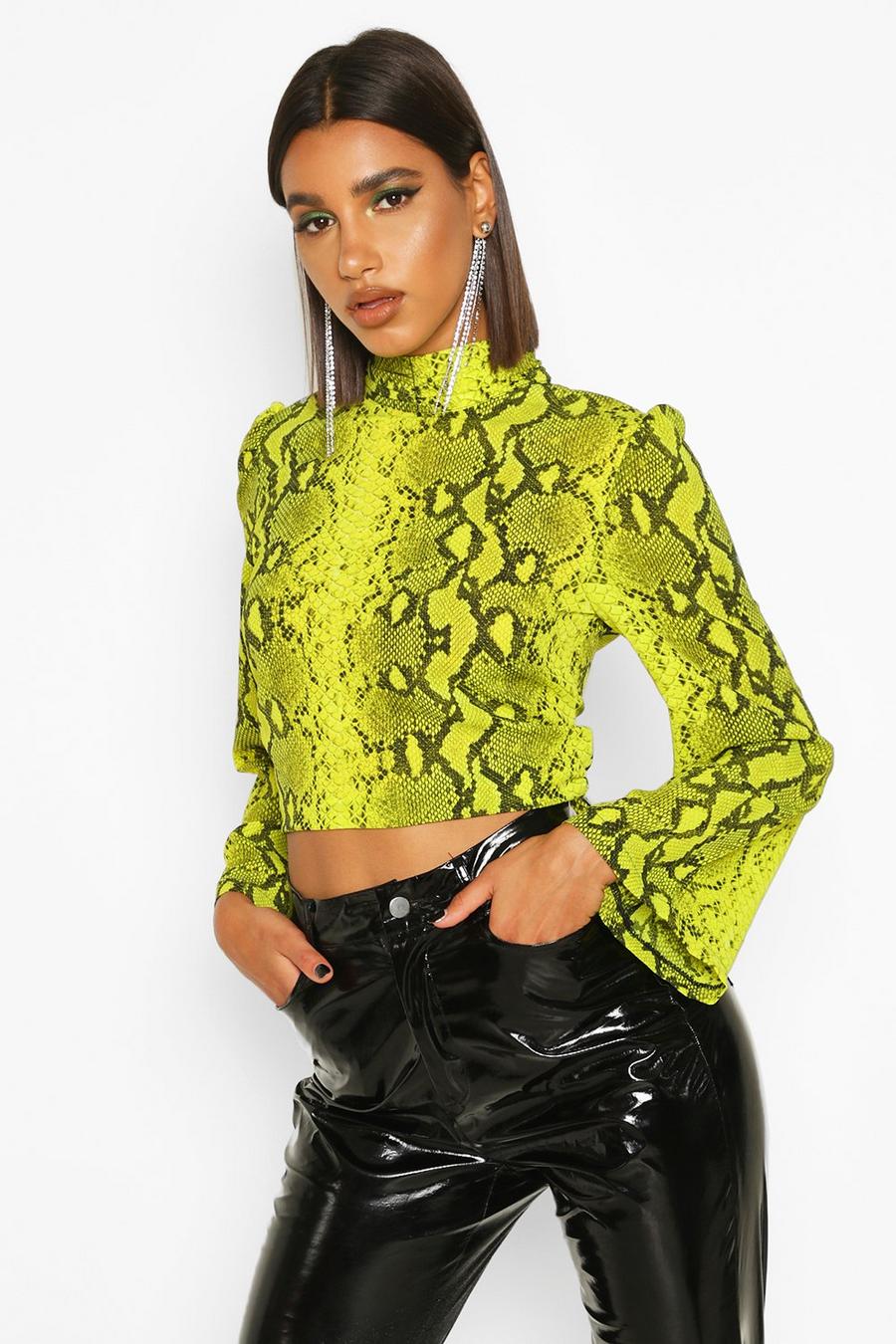 Lime Woven Snake Print Open Back Blouse image number 1