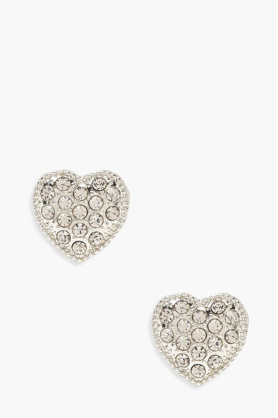 Silver silber Diamante Heart Stud Earrings