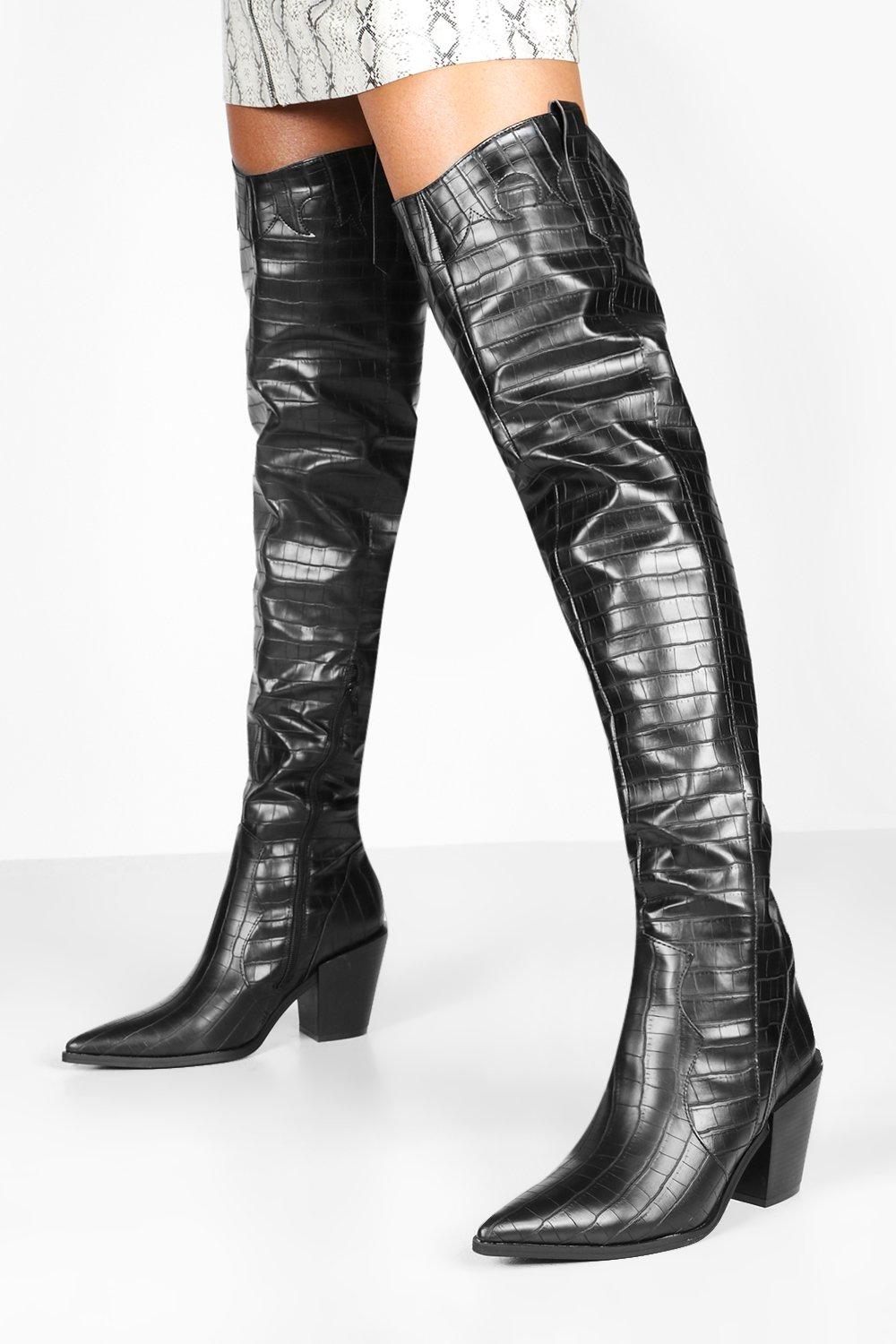 black pointed knee high boots