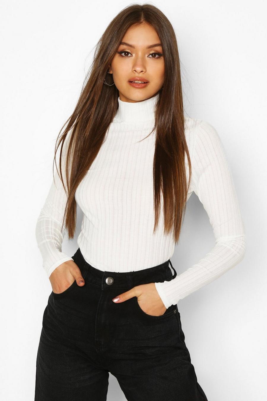White Long Sleeved Turtle Neck Rib Top image number 1