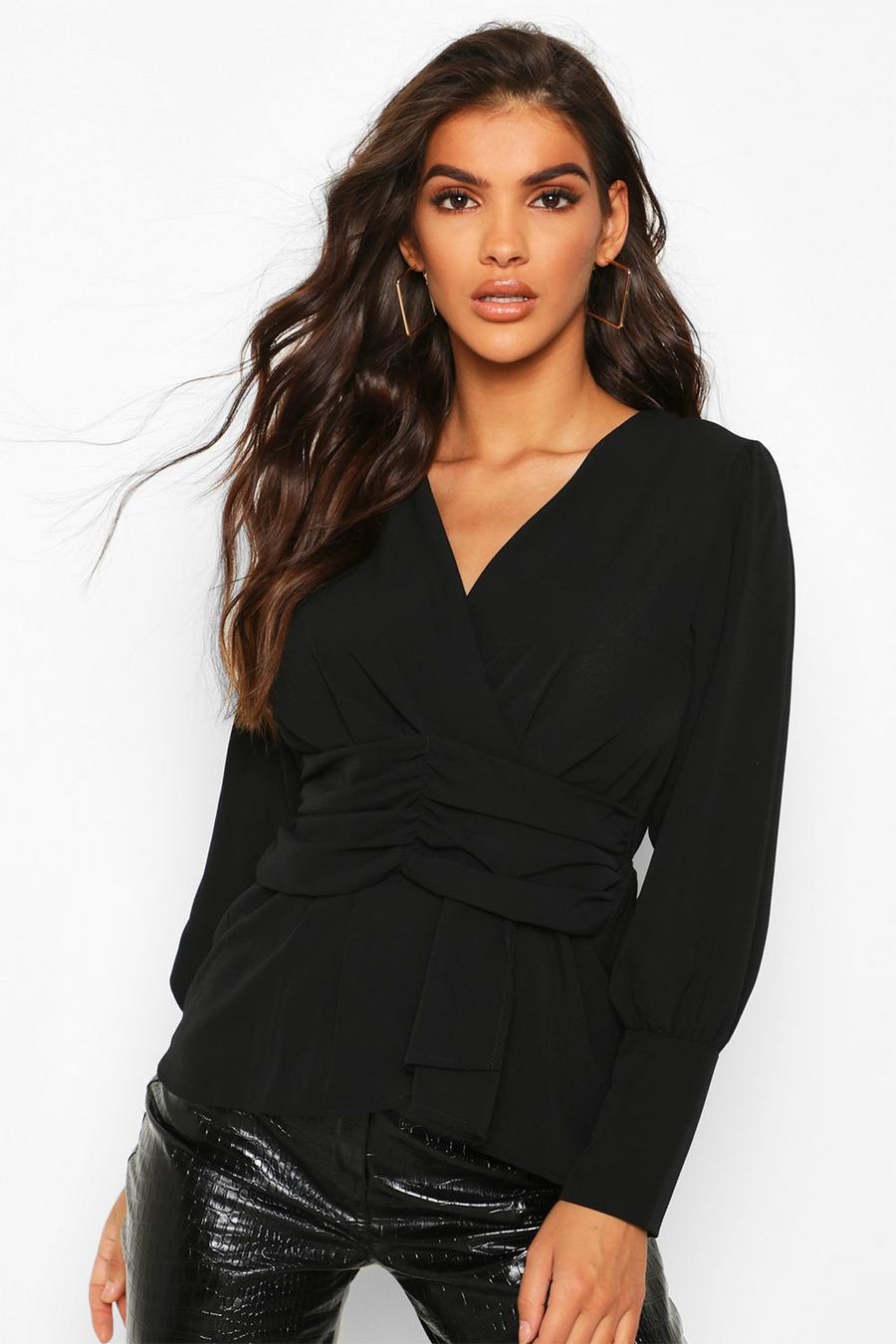 Volume Sleeve Wrap Ruched Waist Blouse image number 1
