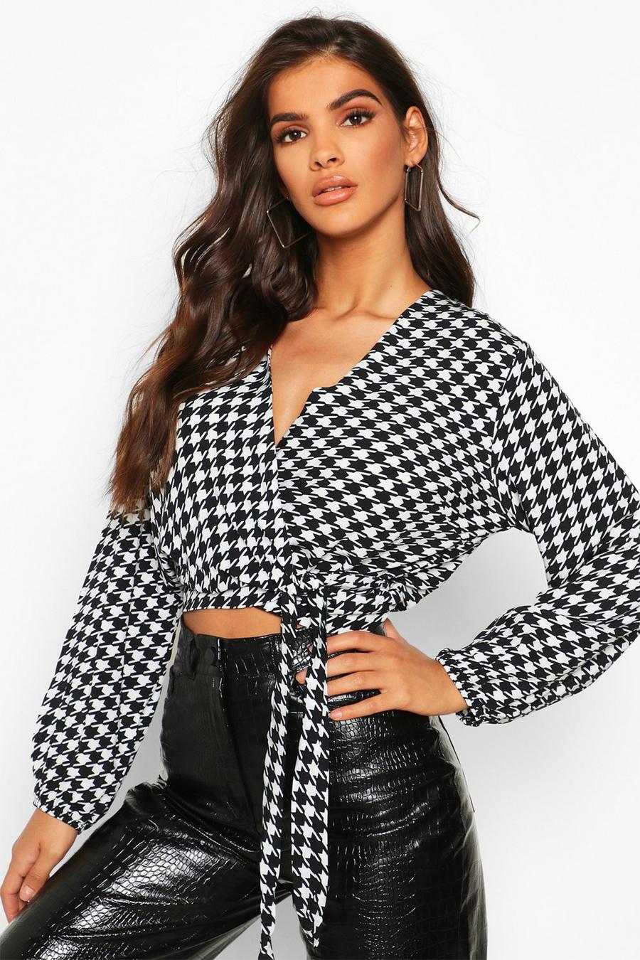 Dogtooth Wrap Long Sleeve Blouse image number 1