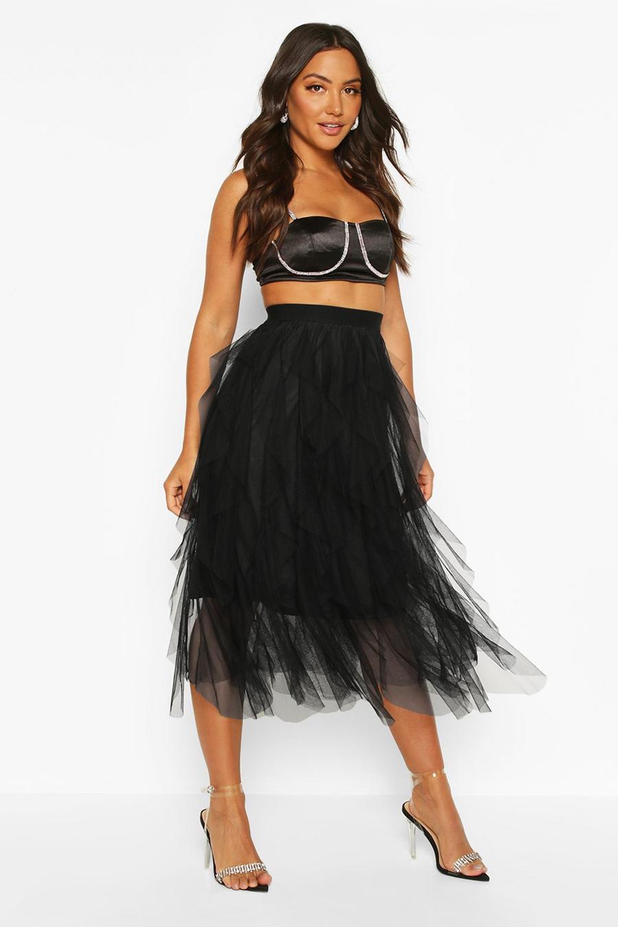 Black Layered Tulle Midi Skirt image number 1